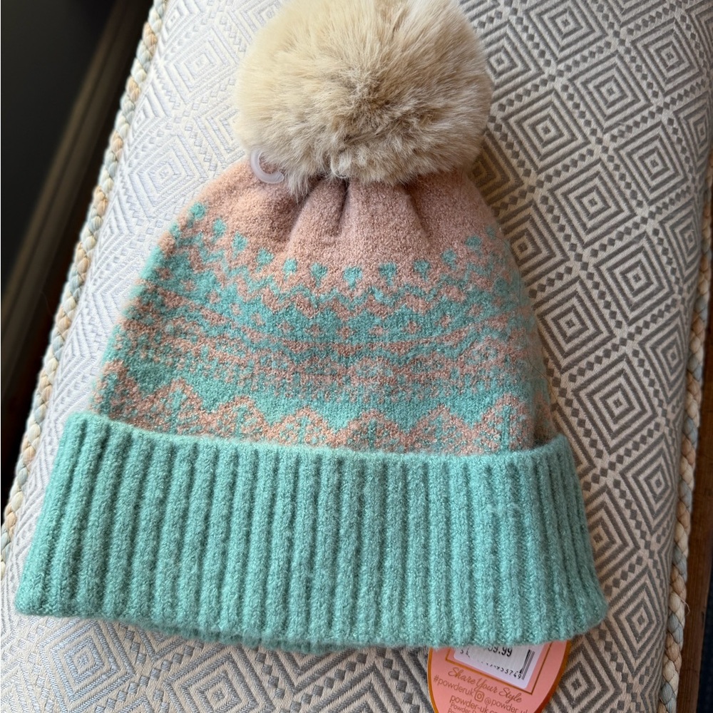 Cozy Knit Pom-Pom Hat - Mint and Taupe Scotland NWT 40.00
